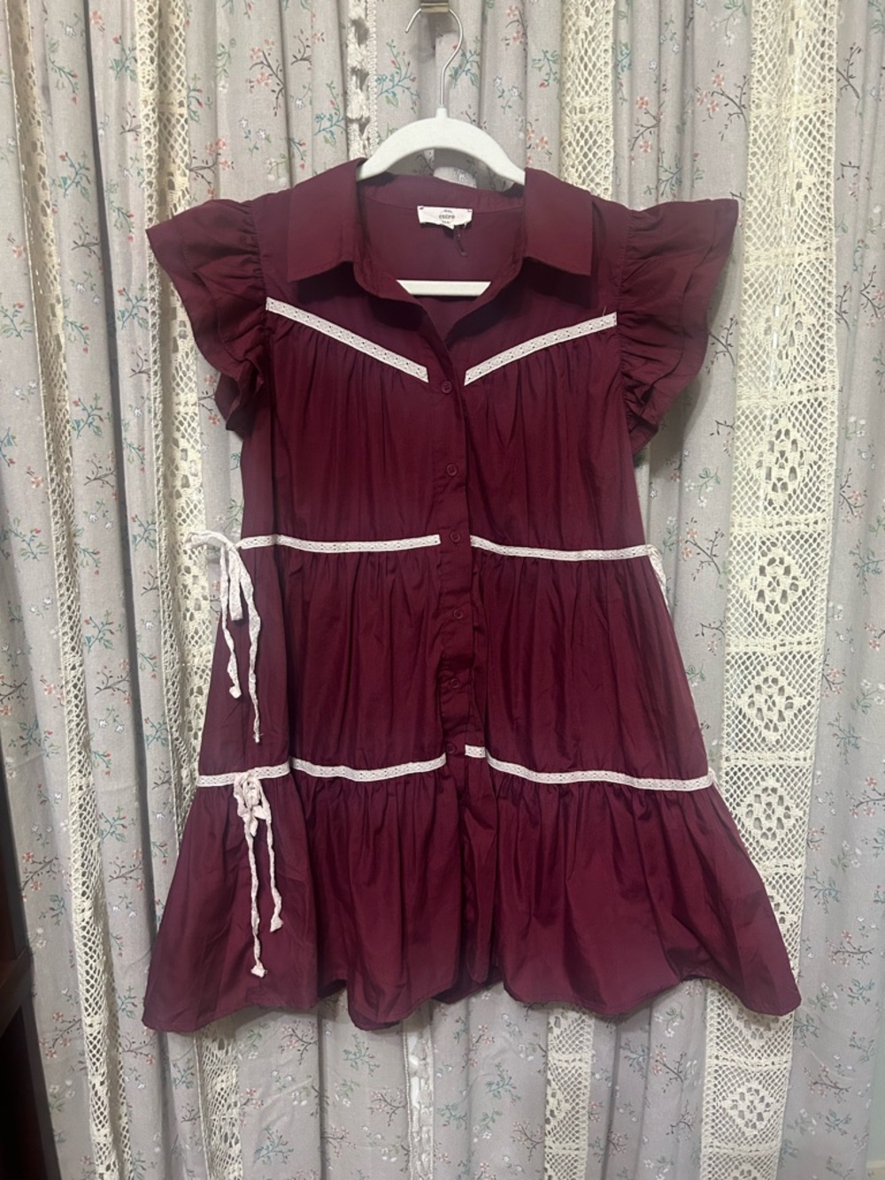 Entro Burgundy Tiered Ruffle Blouse Lace Trim Prairie Cottagecore Small